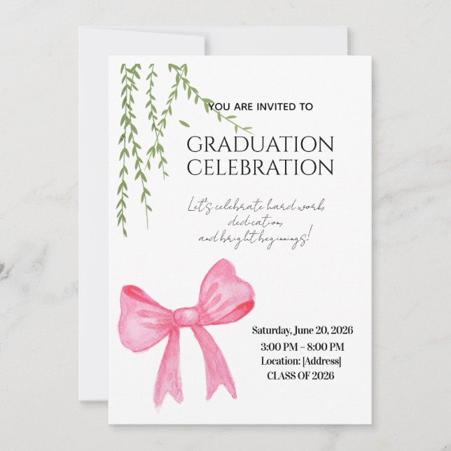 Modern Elegant Stylish Pink Bow Graduation  Invitation (Front)