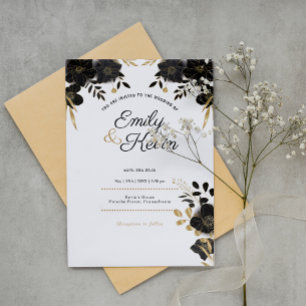 Modern, Elegant Stylish RSVP Black Flowers Custom  Invitation