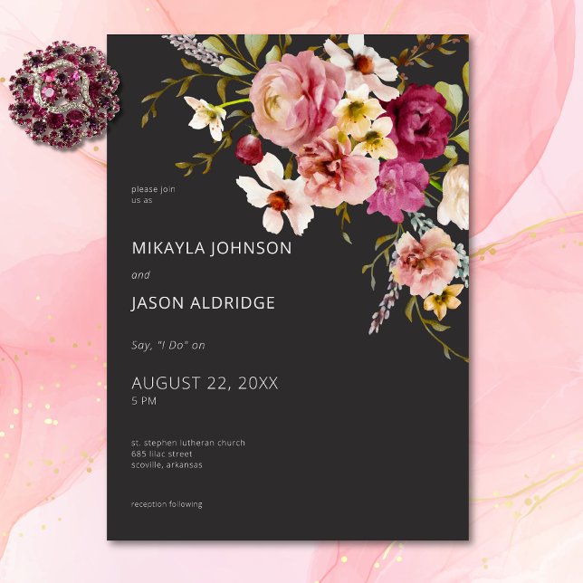 Modern Elegant Summer Meadow Floral Black Wedding Invitation (Modern Elegant Summer Meadow Floral Black Wedding Invitation)
