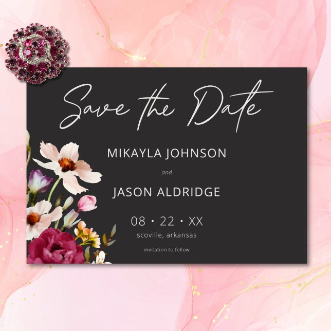 Modern Elegant Summer Meadow Floral Black Wedding Save The Date (Modern Elegant Summer Meadow Floral Black Wedding Save The Date)