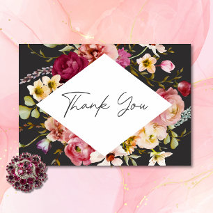 Modern Elegant Summer Meadow Floral Black Wedding Thank You Card