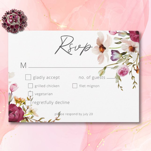 Modern Elegant Summer Meadow Floral White Wedding RSVP Card (Modern Elegant Summer Meadow Floral White Wedding RSVP Card)
