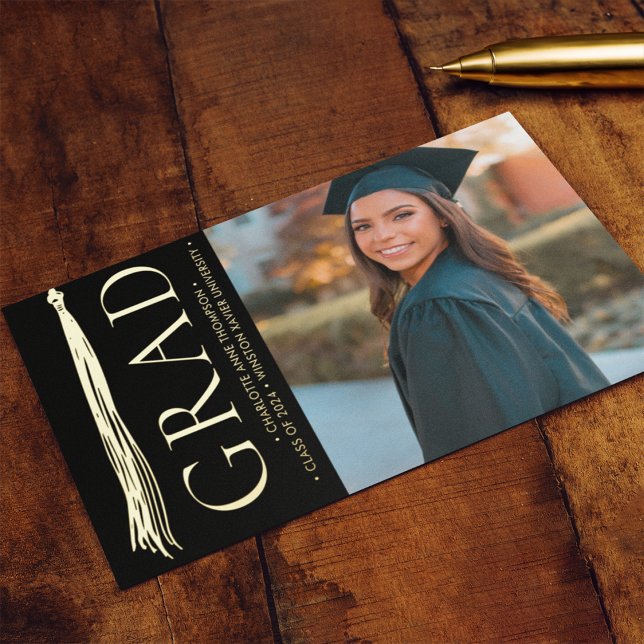 Modern Elegant Tassel Grad Party Custom Photo  (Elegant gold tassel photo graduation announcement and invitation card.)