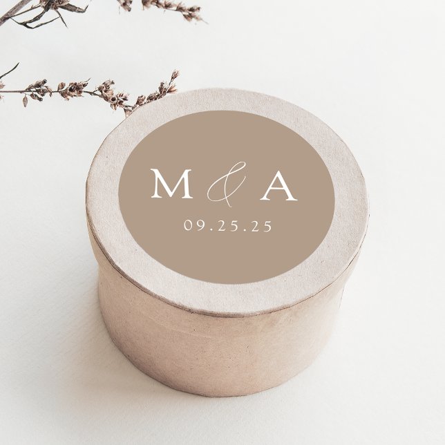 Modern Elegant Taupe Monogram Wedding Classic Round Sticker (Creator Uploaded)