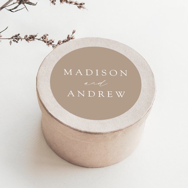 Modern Elegant Taupe Personalised Wedding Classic Round Sticker (Creator Uploaded)