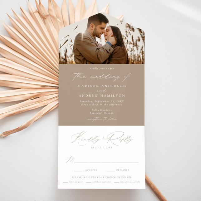 Modern Elegant Taupe Photo Wedding All In One Invitation (Creator Uploaded)