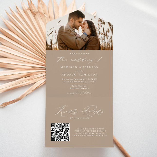 Modern Elegant Taupe Photo Wedding All In One Invitation (Creator Uploaded)