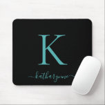 Modern Elegant Teal Aqua Monogram Script Black Mouse Pad<br><div class="desc">Modern Elegant Teal Aqua Blue Monogram Script on a chic black mouse pad. Easy to customise with your own name and details. Perfect for your modern minimalist yet luxury lifestyle! Please contact us at cedarandstring@gmail.com if you need assistance with the design or matching products.</div>