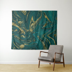 Modern Elegant Teal Green & Gold Marble Swirl Tapestry
