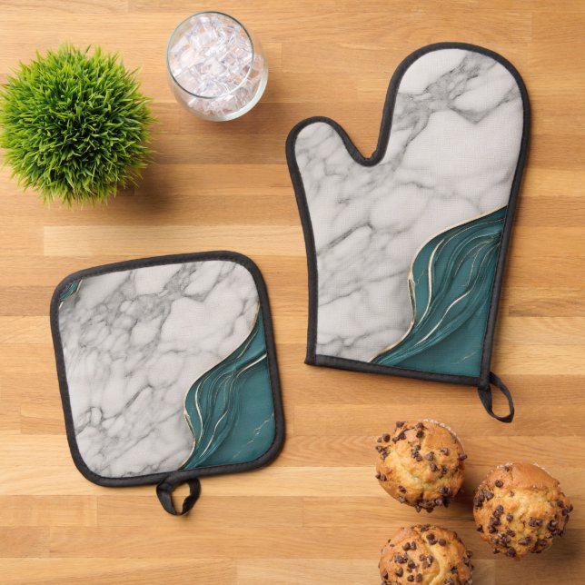 Modern Elegant Teal Grey Marble Oven Mitt & Pot Holder Set (Top Down)