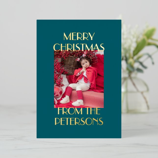 Modern Elegant Teal Merry Christmas Photo Gold (Standing Front)