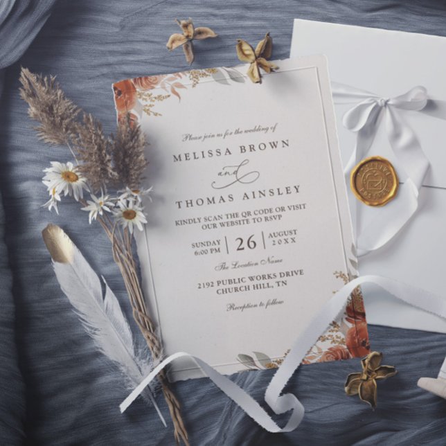 Modern Elegant Terracotta Floral QR Code Wedding Invitation (Creator Uploaded)