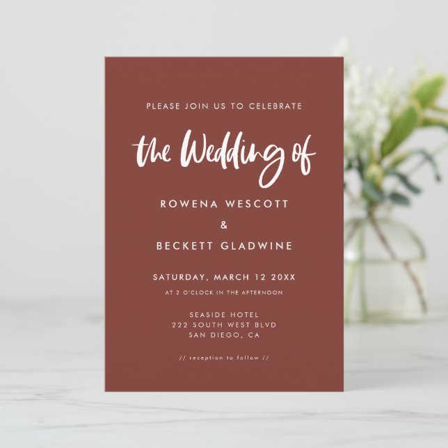 Modern elegant terracotta wedding invitation (Standing Front)