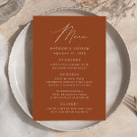 Modern Elegant Terracotta Wedding Menu<br><div class="desc">Simple and elegant wedding menu featuring "Menu" displayed in a modern white script with a terracotta background or colour of your choice. Personalise the terracotta wedding menu by adding your names,  wedding date,  and menu information. Designed to coordinate with our Modern Elegance wedding collection.</div>
