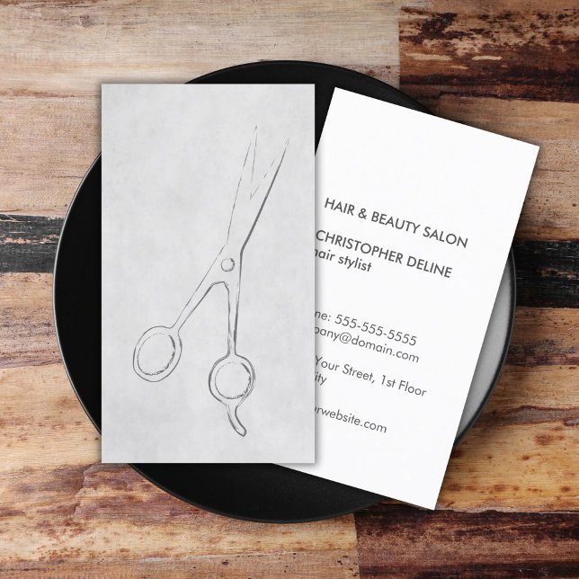 Modern Elegant Texture Grey Scissor Hair Stylist Business Card (Creator Uploaded)
