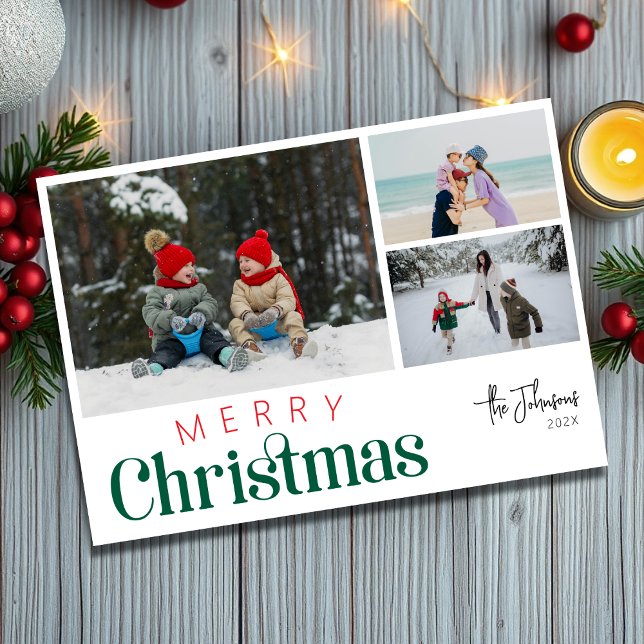 Modern Elegant Three Photo Collage Christmas Holiday Card (Creator Uploaded)