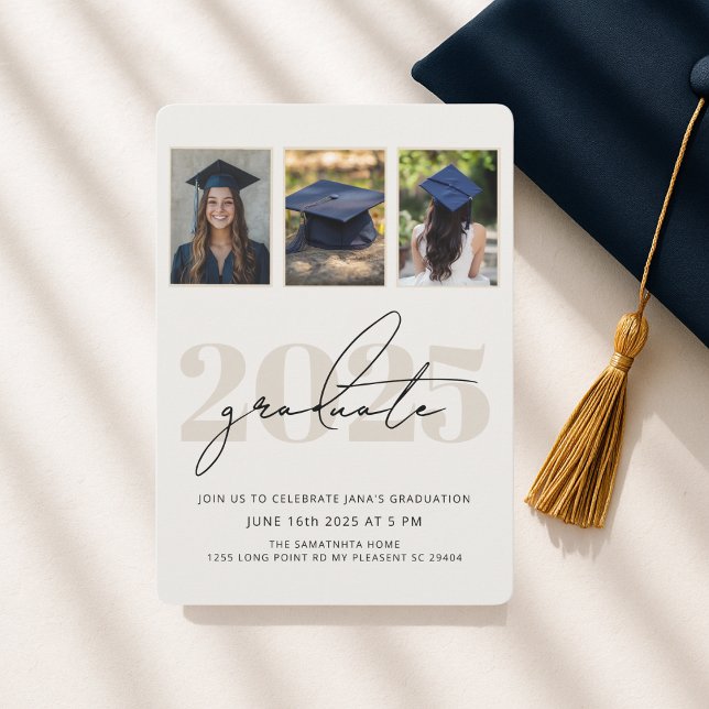Modern Elegant Three Photo Graduation Invitation  (Creator Uploaded)
