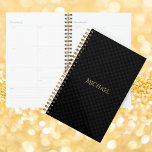 Modern Elegant Trendy Black Gold Weekly & Monthly Planner<br><div class="desc">Custom, personalised, modern, trendy, chic, classy black and grey chequered pattern, elegant faux gold typography / script name, weekly & monthly panner with one sheet of fun and colourful repositionable stickers in back. Simply type in your name, to customise. Plan your days in style with this customisable planner. With its...</div>