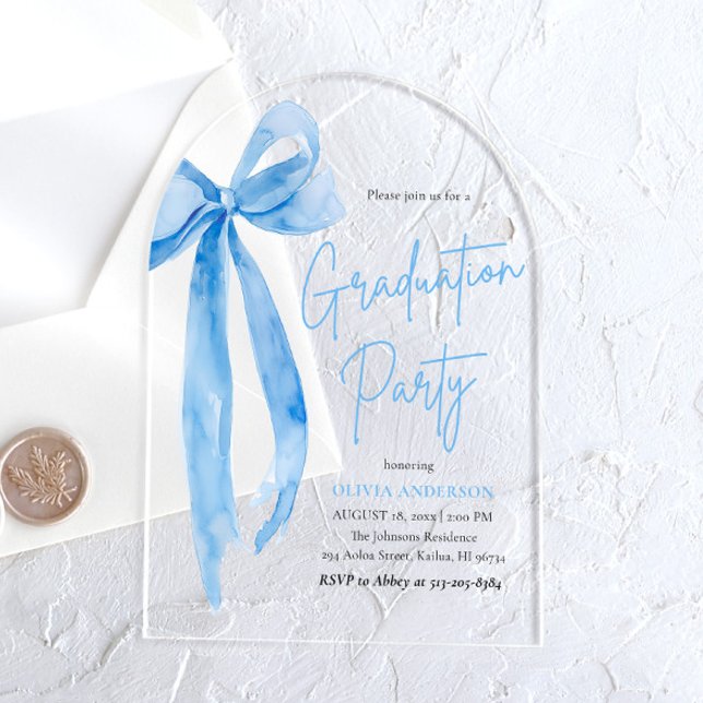 Modern Elegant Trendy Blue Bow Graduation Arched  Acrylic Invitations (Creator Uploaded)