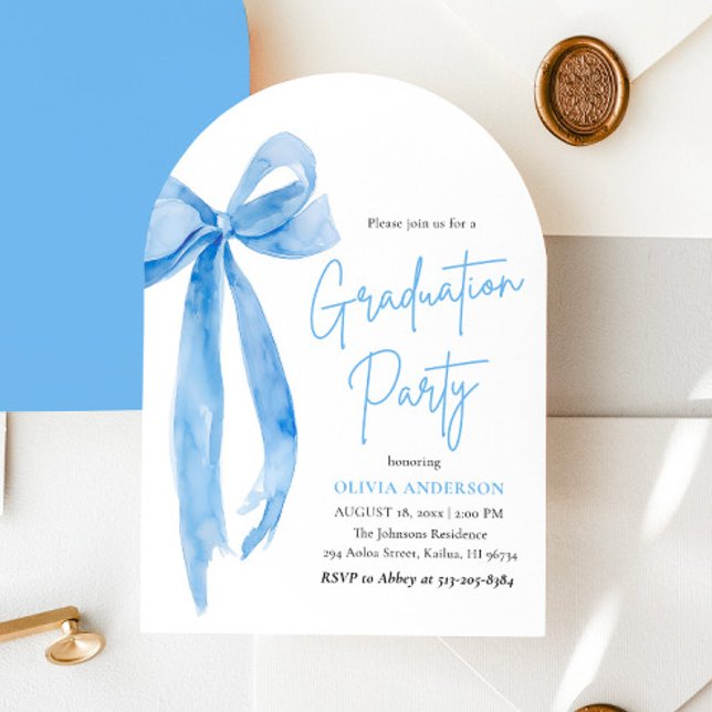 Modern Elegant Trendy Blue Bow Graduation Arched  Invitation (Creator Uploaded)