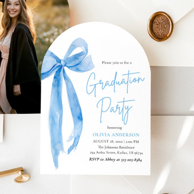 Modern Elegant Trendy Blue Bow Graduation Arched  Invitation (Creator Uploaded)