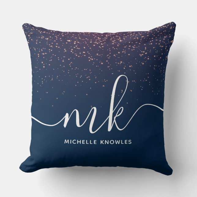 Modern Elegant Trendy Navy Glitter Monogram Cushion (Front)