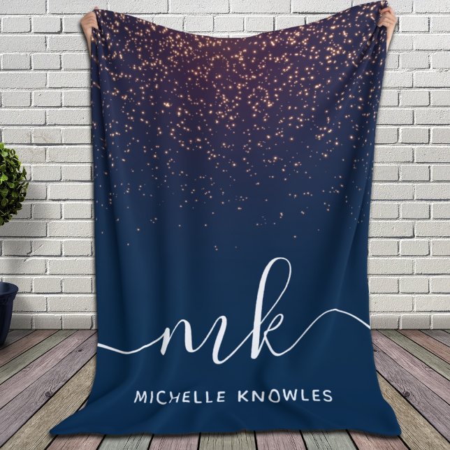 Modern Elegant Trendy Navy Glitter Monogram Fleece Blanket (Creator Uploaded)