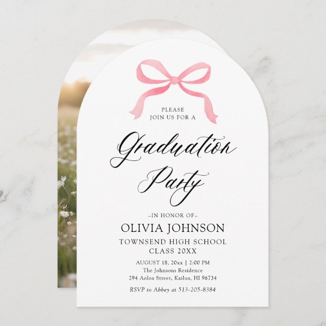 Modern Elegant Trendy Pink Bow Graduation Arched Invitation (Front/Back)