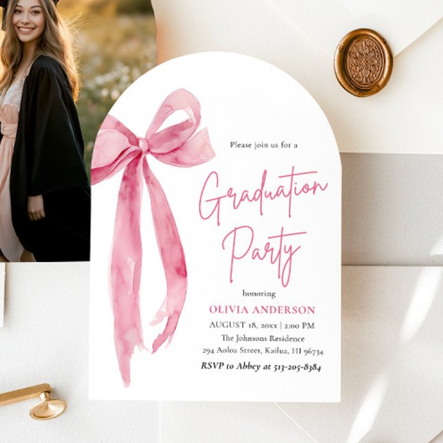Modern Elegant Trendy Pink Bow Graduation Arched  Invitation (Modern Elegant Trendy Pink Bow Graduation Arched Invitation)