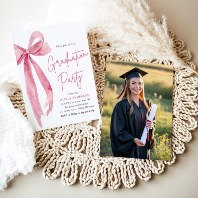 Modern Elegant Trendy Pink Bow Photo Graduation Invitation (Modern Elegant Trendy Stylish Pink Bow Graduation Invitation)