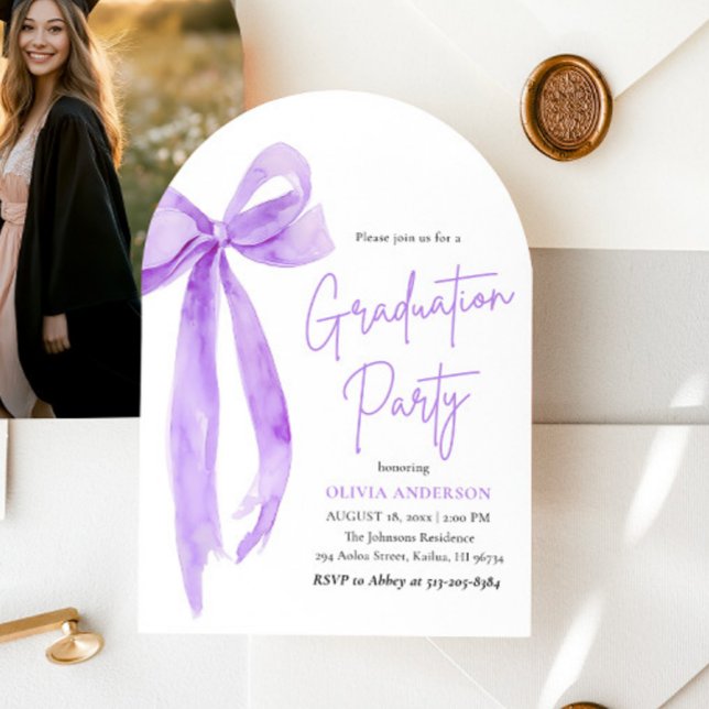 Modern Elegant Trendy Purple Bow Graduation Arched Invitation (Creator Uploaded)