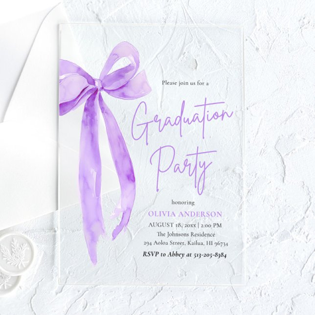 Modern Elegant Trendy Purple Bow Graduation Party Acrylic Invitations (Creator Uploaded)