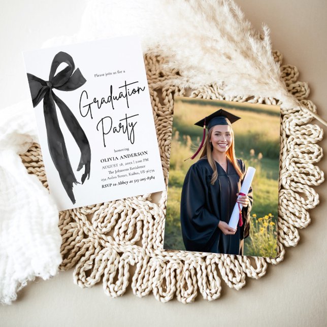 Modern Elegant Trendy Stylish Black Bow Graduation Invitation (Watercolor Modern Elegant Trendy Ribbon Black Bow Coquette Grad Party Photo Graduation Invitation)