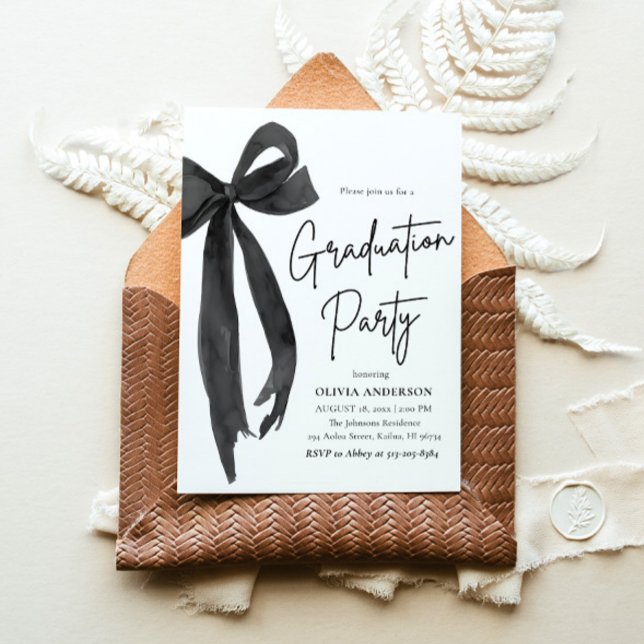 Modern Elegant Trendy Stylish Black Bow Graduation Invitation (Watercolor Modern Elegant Trendy Stylish Ribbon Black Bow Coquette Grad Party Graduation Invitation)
