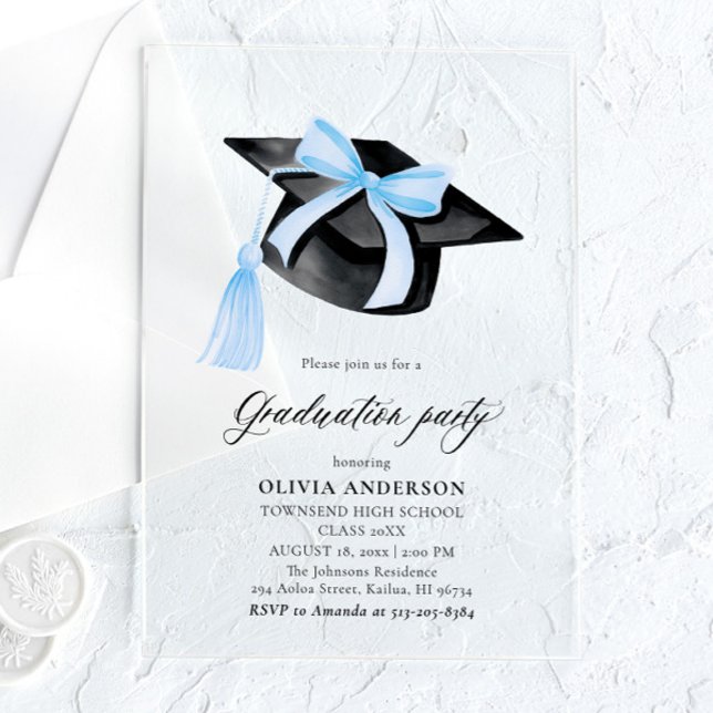 Modern Elegant Trendy Stylish Blue Bow Graduation Acrylic Invitations (Creator Uploaded)