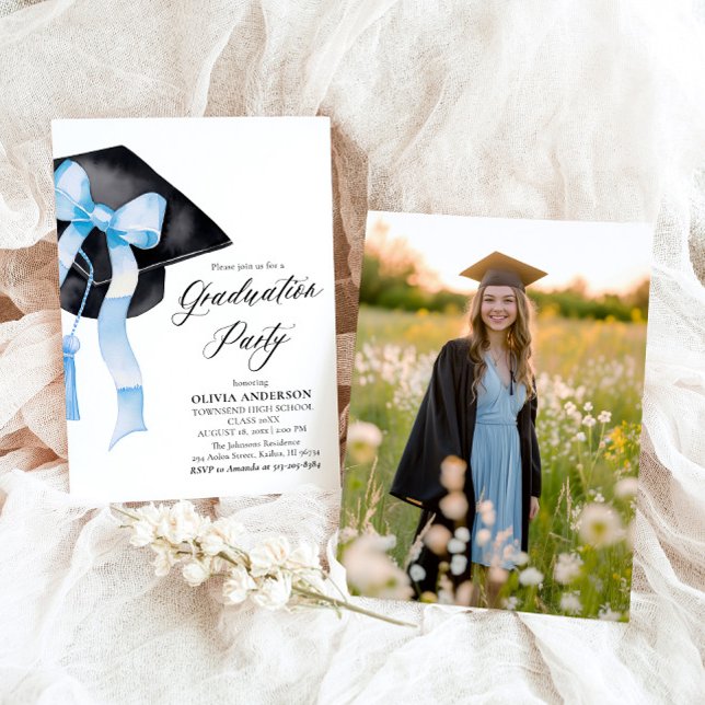 Modern Elegant Trendy Stylish Blue Bow Graduation Invitation (Watercolor Modern Elegant Trendy Stylish Blue Bow Graduation Invitation)