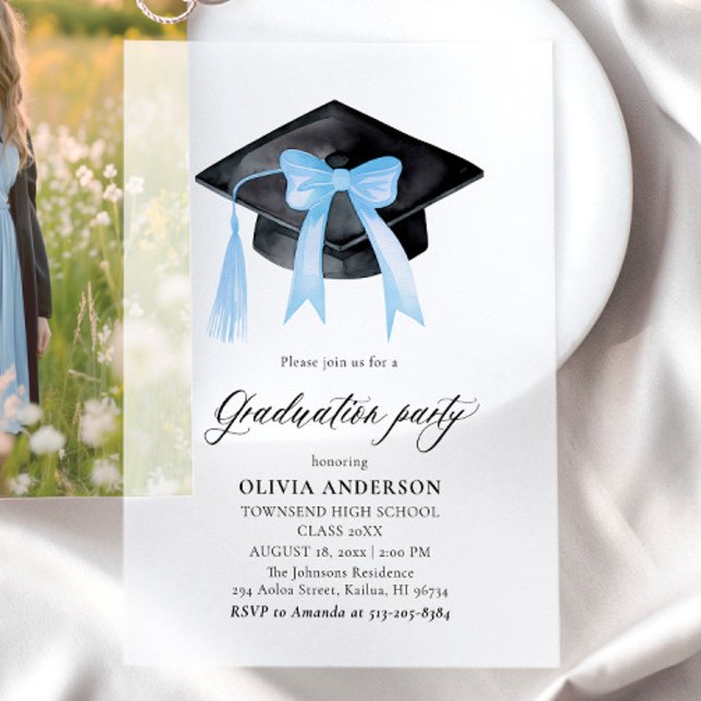 Modern Elegant Trendy Stylish Blue Bow Graduation Vellum Invitations (Watercolor Modern Elegant Trendy Stylish Dusty Blue Bow Graduation Vellum Invitations)