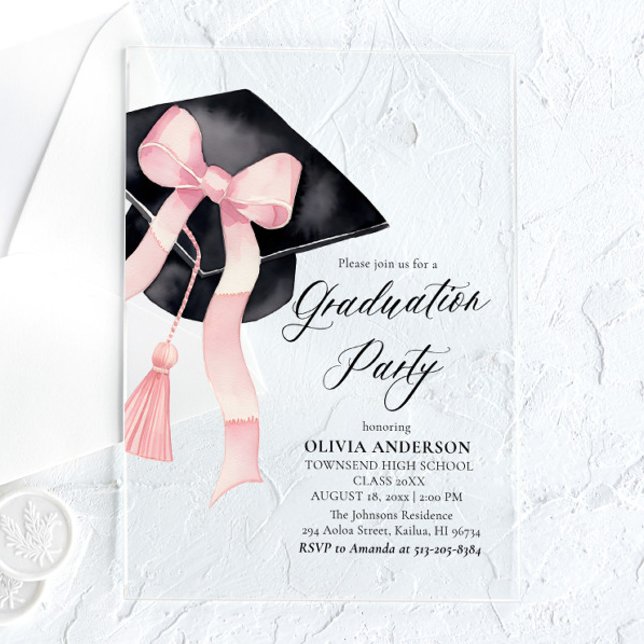 Modern Elegant Trendy Stylish Pink Bow Graduation Acrylic Invitations (Creator Uploaded)