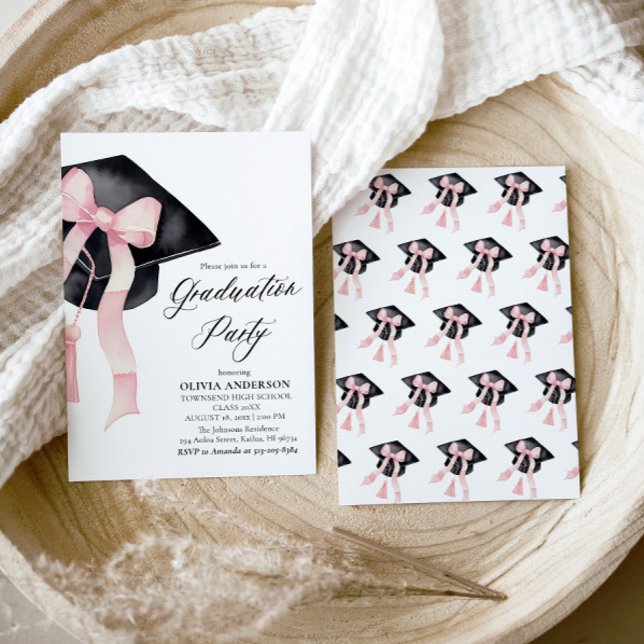 Modern Elegant Trendy Stylish Pink Bow Graduation Invitation (Watercolor Modern Elegant Trendy Stylish Pink Bow Graduation Invitation)