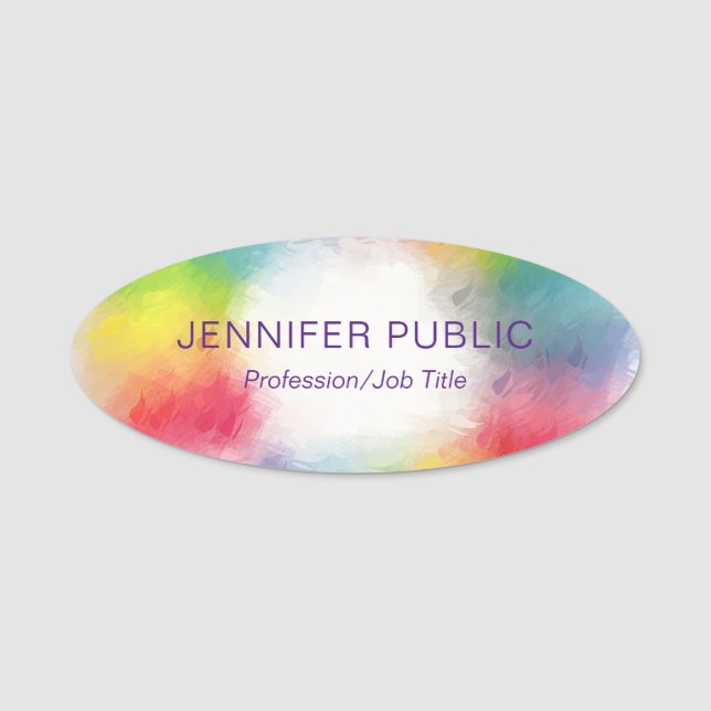 Modern Elegant Trendy Template Rainbow Colours Name Tag (Front)