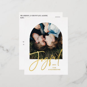 Modern elegant trendy typography white 1 photo foil holiday postcard