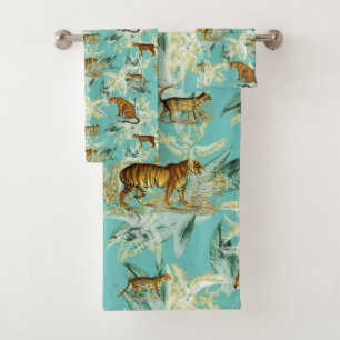 Modern Elegant Tropical Jungle Tiger Teal Blue Bath Towel Set
