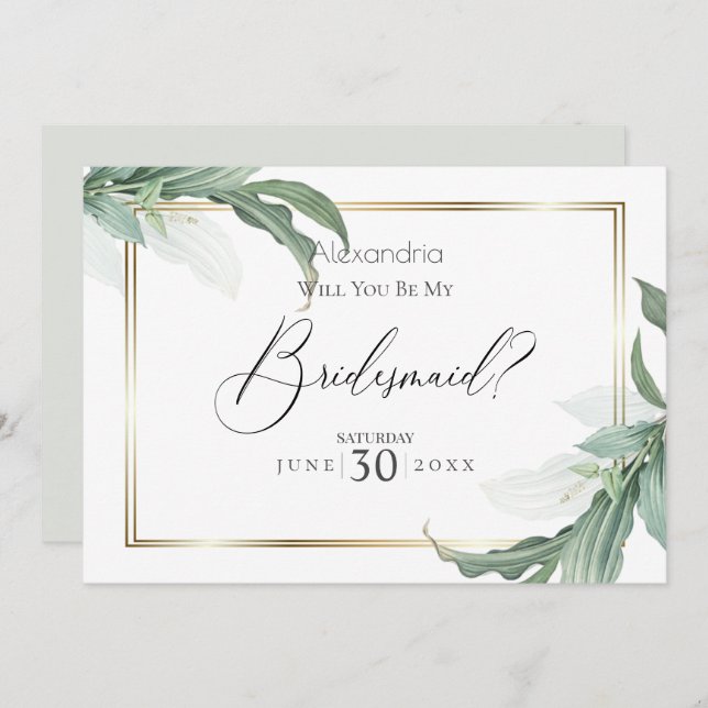 Modern Elegant Tropical Leaves Be My Bridesmaid Invitation (Front/Back)