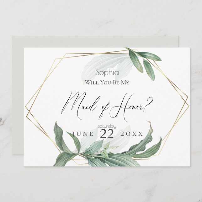 Modern Elegant Tropical Leaves  My  Maid of Honour Invitation (Front/Back)