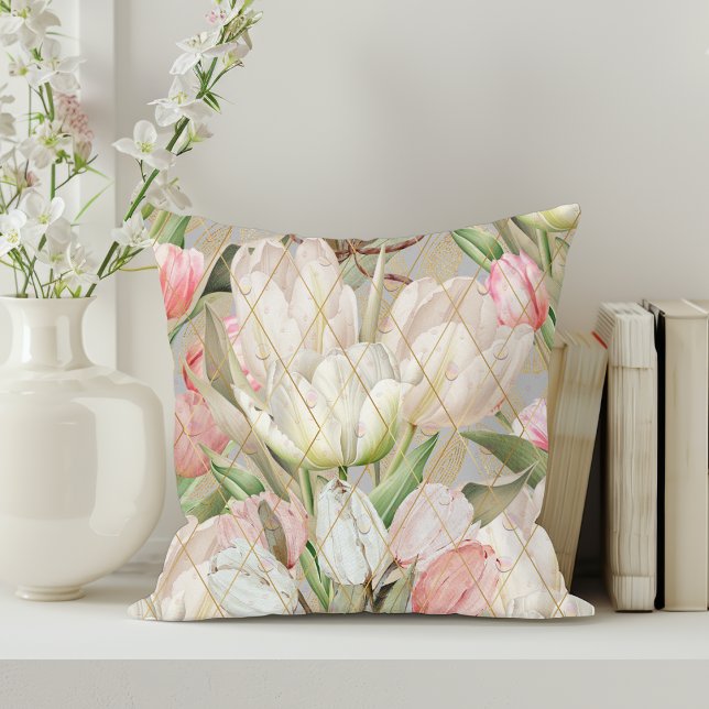 Modern Elegant Tulips With Gold Pattern Cushion (Creator Uploaded)