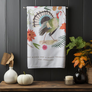 Modern Elegant Turkey Thanksgiving Botanical  Tea Towel