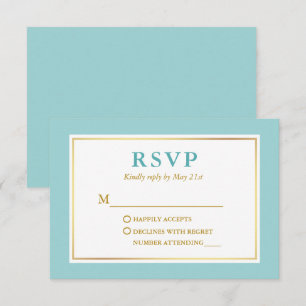Modern Elegant Turquoise Blue White Gold RSVP Card