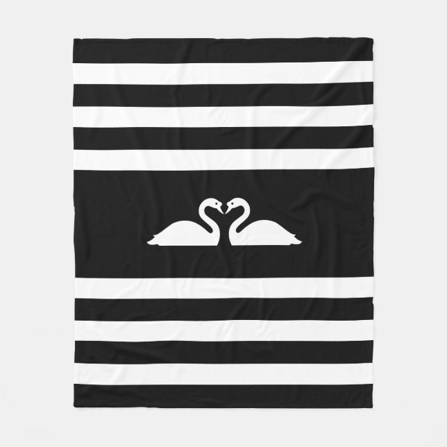 Modern elegant two swans on black & white striped fleece blanket (Front)