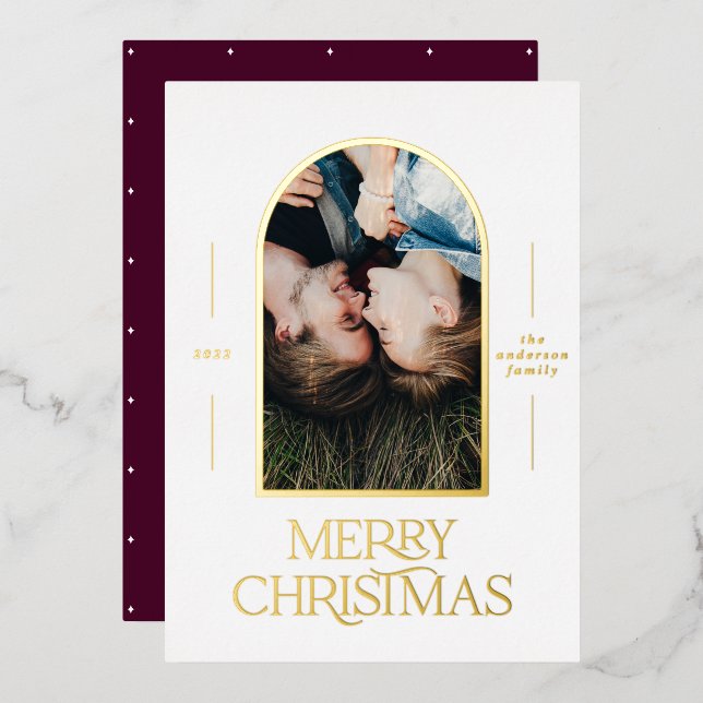 Modern elegant typography burgundy photo Christmas (Front/Back)