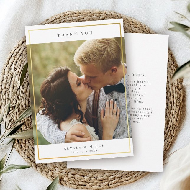 Modern Elegant Typography Gold Frame Wedding Photo Thank You Card (A wedding thank you card featuring a couple kissing outdoors. Text reads "Thank You" and names)